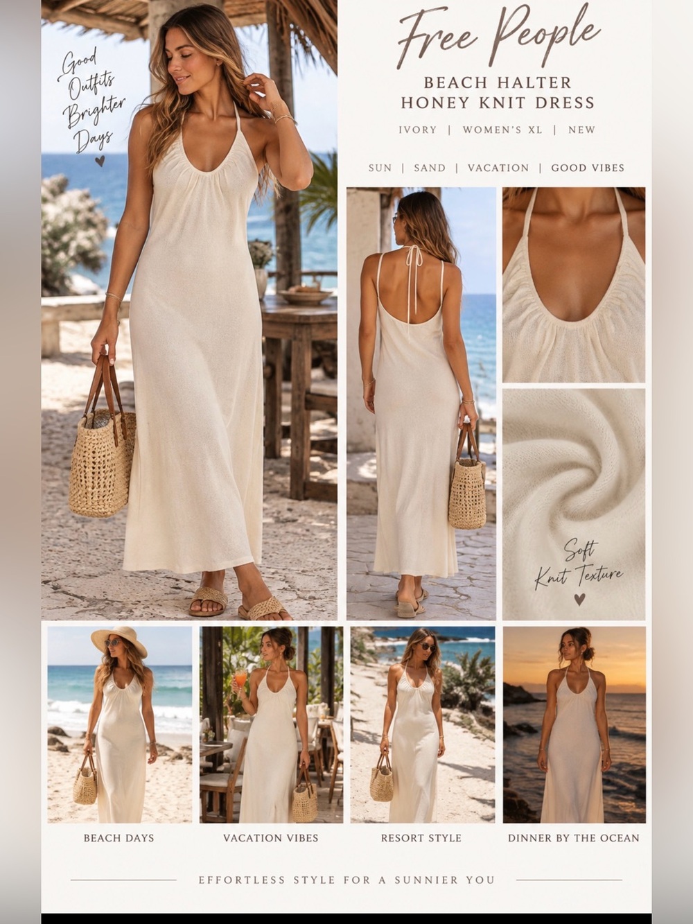Free People Beach Halter Honey Knit Dress In Ivory Women XL NEW Vacation Vibes